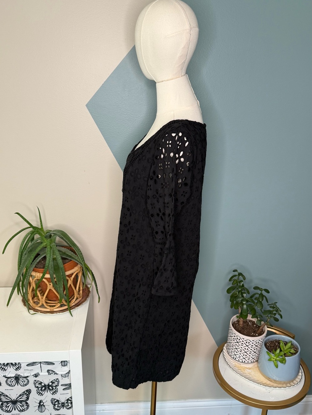 Madison Leigh Black Eyelet Cotton Prairie Boho Cottagecore Dress 10 - Picture 3 of 13